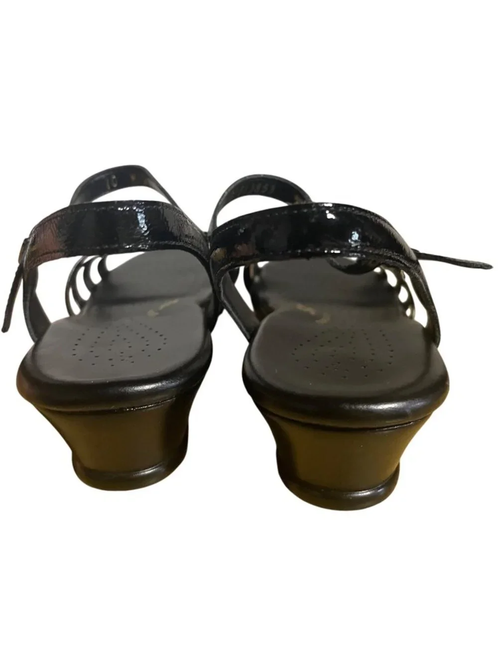 SAS Strippy Black Patent Leather Wedge Sandals Womens Size 10 Tripad Comfort USA